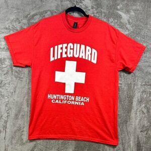Huntington Beach California Lifeguard T-Shirt Red Graphic Tee Gildan‎ Size L